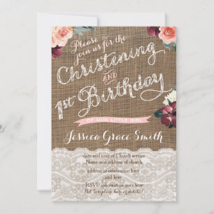 Rustic Fall Christening 1st Birthday party girl Invitation