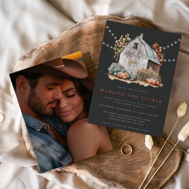Rustic Fall Country Barn Lights Photo Wedding  Invitation (Creator Uploaded)