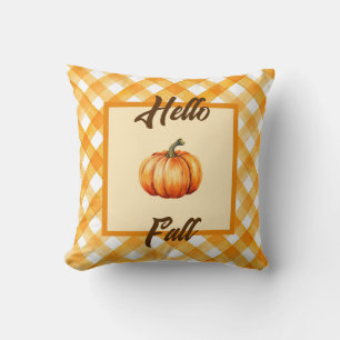 Rustic Fall Decor with Pumpkin and Orange Plaid   Cushion