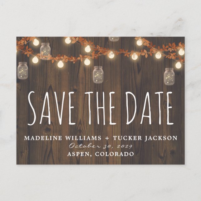 Rustic Fall Fairy Lights and Leaves Save the Date  Announcement Postcard (Front)