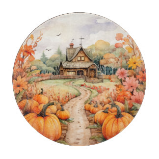 RUSTIC FALL FARMHOUSE WITH AUTUMN PUMPKINS CUTTING BOARD