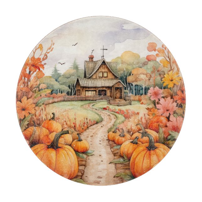 RUSTIC FALL FARMHOUSE WITH AUTUMN PUMPKINS CUTTING BOARD (Front)
