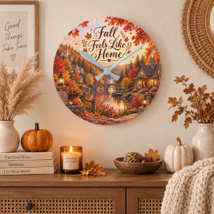Rustic Fall Feels Like Home Illustration Round Clock