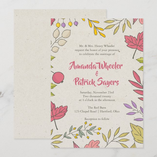 Rustic Fall Floral Autumn Wedding Invitation (Front/Back)