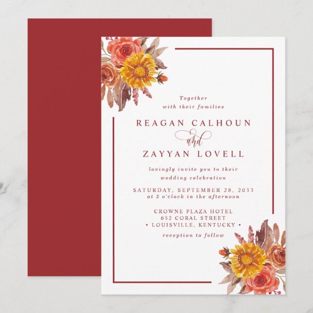 Rustic Fall Floral Autumn Wedding Invitation (Front/Back)