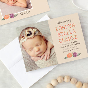 Rustic Fall Floral Baby Girl Photo Beige Birth Announcement