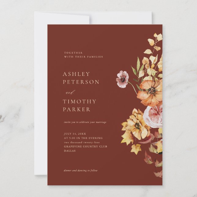 Rustic Fall Floral Boho Maroon Wedding Invitation (Front)