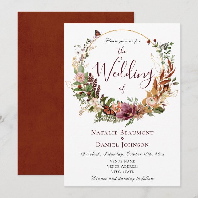 Rustic Fall Floral & Botanical Wedding Invitation (Front/Back)