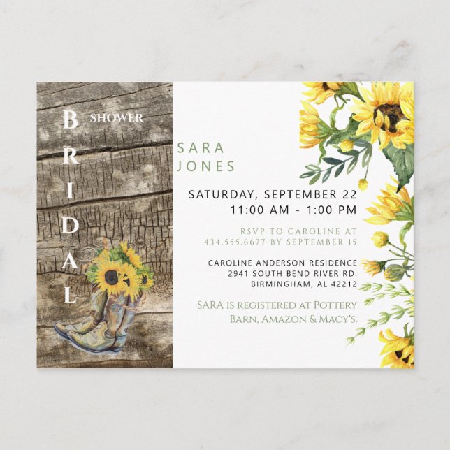 Rustic Fall Floral Bridal Shower Sunflower Postcard (Front)