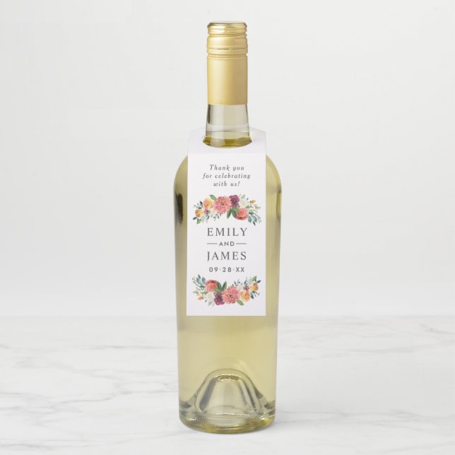 Rustic Fall Floral Burgundy Wedding Bottle Tag (On Bottle)