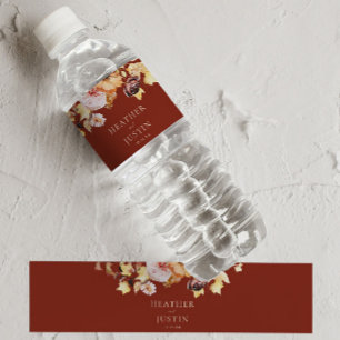 Rustic Fall Floral Burgundy Wedding  Water Bottle Label