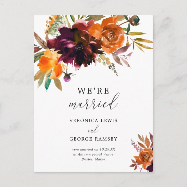 Rustic Fall Floral Elegant Wedding Announcement Postcard (Front)