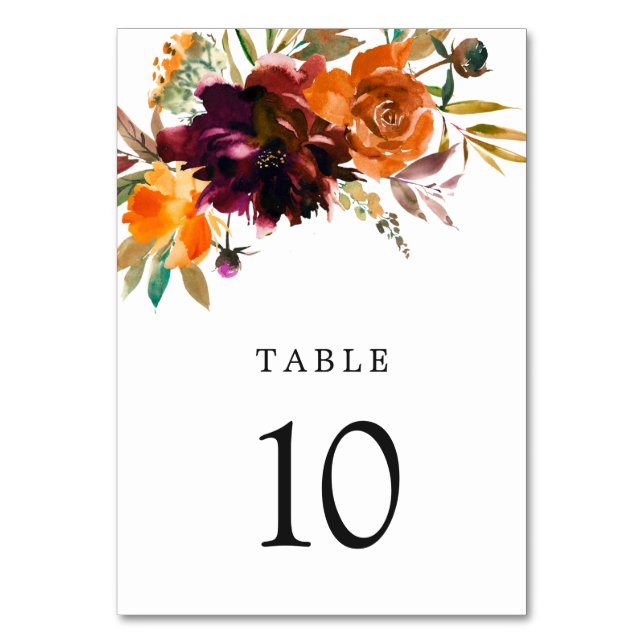 Rustic Fall Floral Elegant Wedding Table Number (Front)