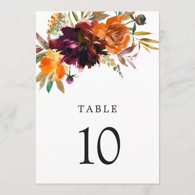 Rustic Fall Floral Elegant Wedding Table Number (Back)