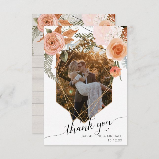 Rustic Fall Floral Foliage Geometric Gold Photo Thank You Card (Front/Back)