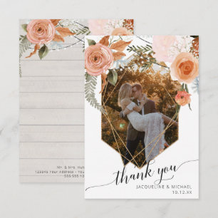 Rustic Fall Floral Foliage Geometric Gold Photo Thank You Card