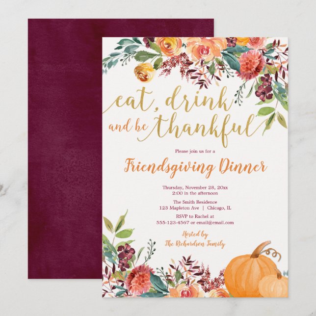 Rustic fall floral Friendsgiving Dinner Invitation (Front/Back)