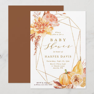 Rustic Fall Floral Gold Geometric Baby Shower Invitation
