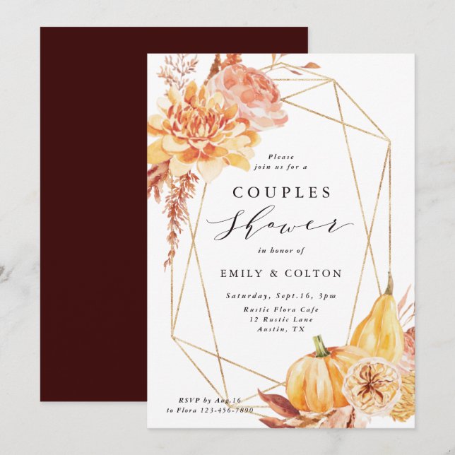 Rustic Fall Floral Gold Geometric Couples Shower Invitation (Front/Back)