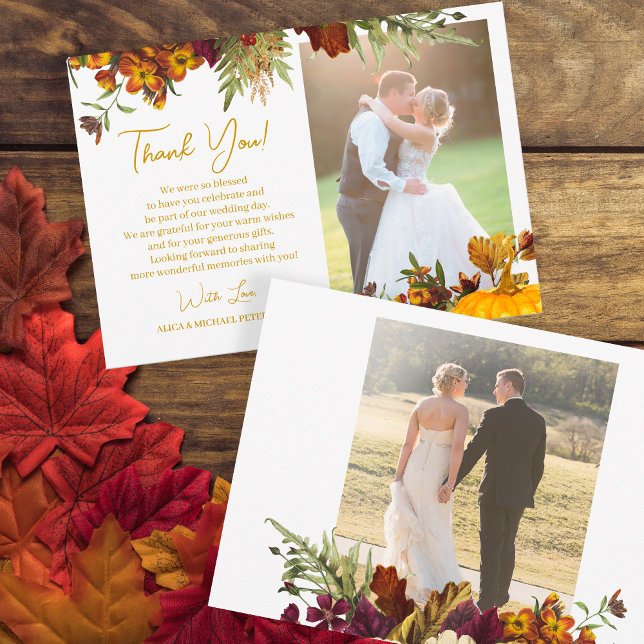 Rustic fall floral gold script photo wedding thank you card (Creator Uploaded)