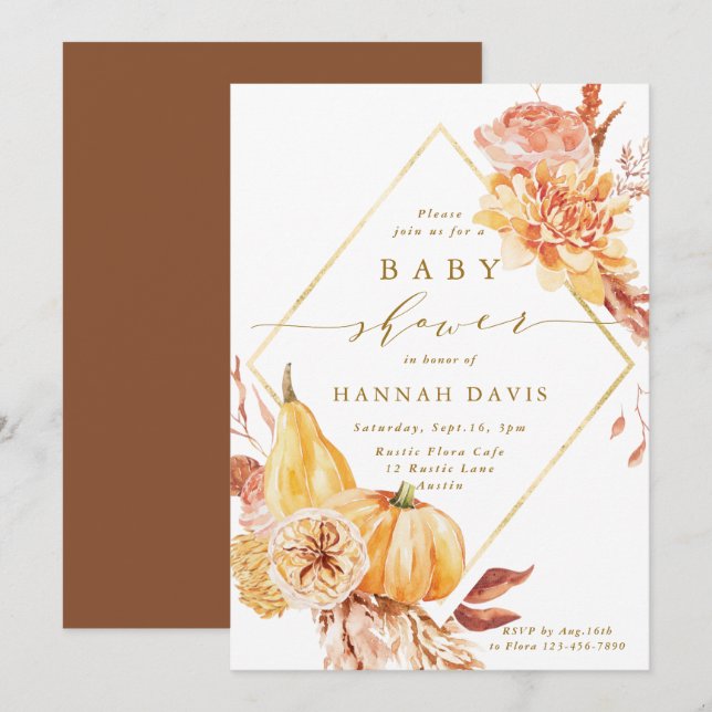 Rustic Fall Floral Gold Script Pumpkin Baby Shower Invitation (Front/Back)