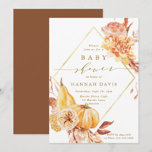 Rustic Fall Floral Gold Script Pumpkin Baby Shower Invitation