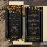 Rustic fall floral gold script wedding ceremony<br><div class="desc">Beautiful rusty orange and dark burgundy autumn fall flowers and pumpkin borders with strings of golden twinkle lights over a dark brown barn wood background wedding ceremony program template.               Personalise it with your your details!             Suitable for rustic country vintage chic summer garden autumn fall outdoor backyard or farmhouse weddings.</div>