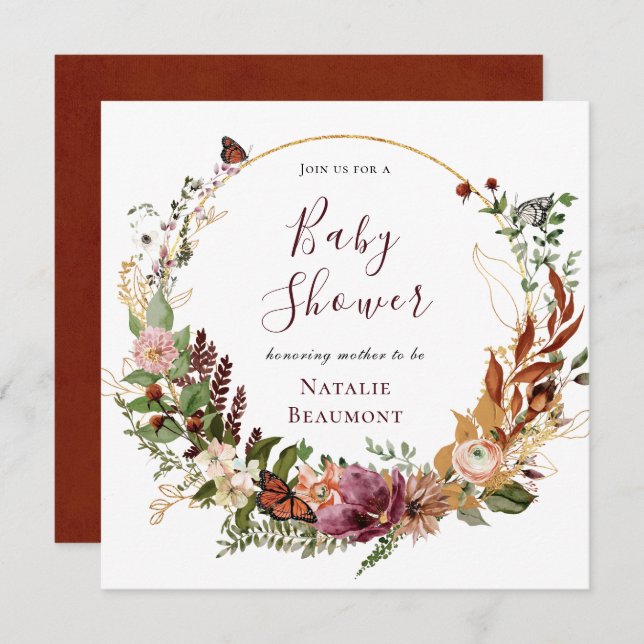 Rustic Fall Floral & Greenery Square Baby Shower Invitation (Front/Back)