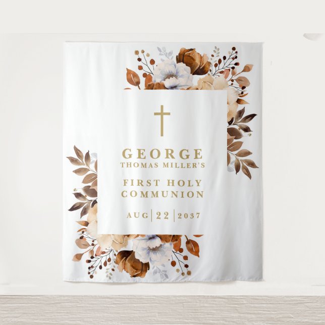 Rustic Fall Floral Holy Communion Photo Backdrop Tapestry (Front)