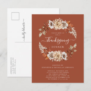 Rustic Fall Floral Leaves Thanksgiving Dinner  Invitation Postcard