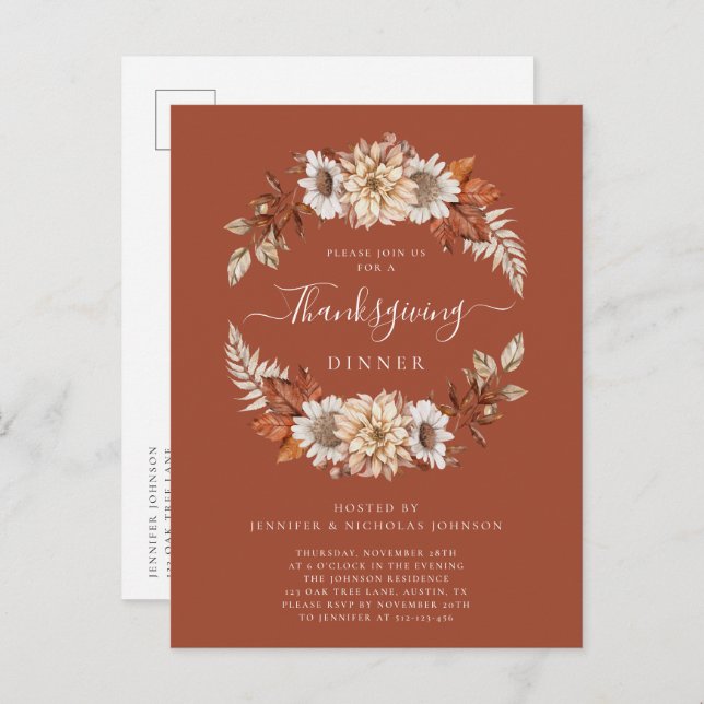 Rustic Fall Floral Leaves Thanksgiving Dinner  Invitation Postcard (Front/Back)