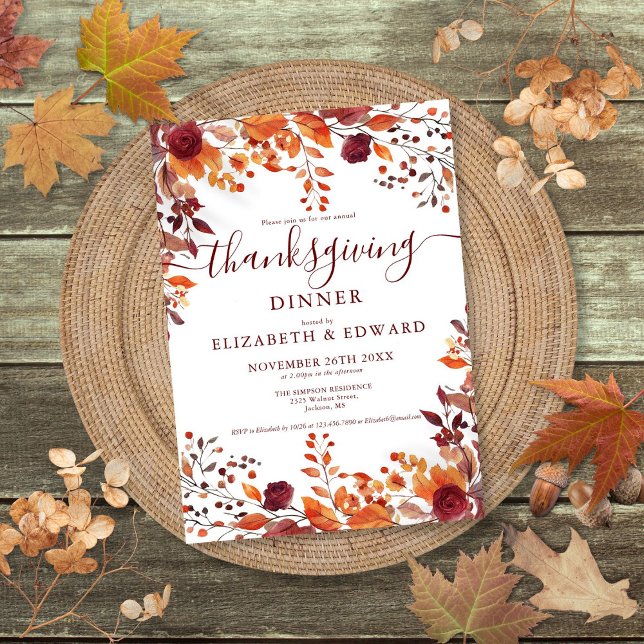 Rustic Fall Floral Leaves Thanksgiving Invitation (Rustic Fall Floral Pumpkin Thanksgiving Invitation)