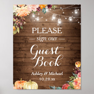 Rustic Fall Floral Mason Jar Lights Sign Guestbook