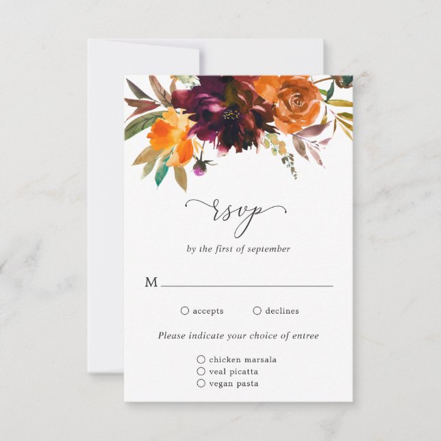 Rustic Fall Floral Meal Choice Elegant Wedding RSVP Card (Front)
