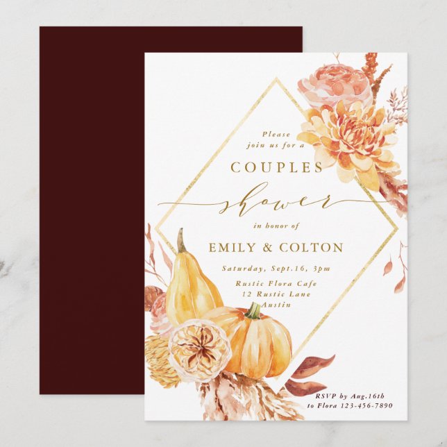 Rustic Fall Floral Pumpkin Gold Couples Shower  Invitation (Front/Back)