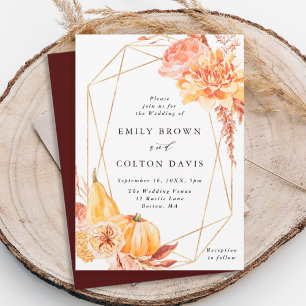 Rustic Fall Floral Pumpkin Gold Geometric Wedding Invitation