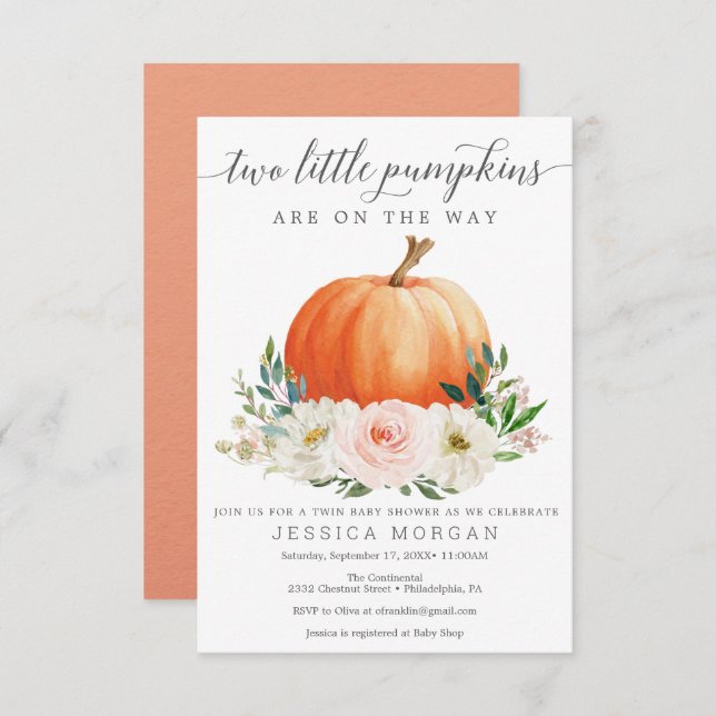 Rustic Fall Floral Pumpkin Twin Baby Shower Invitation (Front/Back)