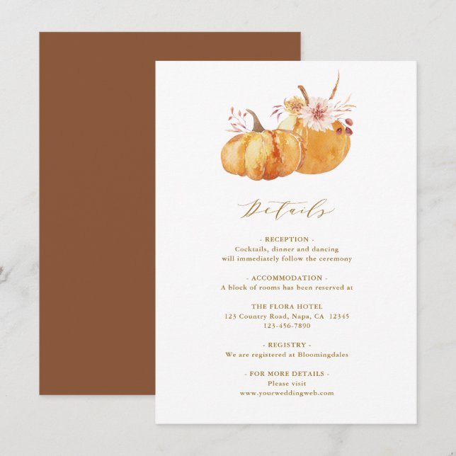 Rustic Fall Floral Pumpkin Wedding Details Gold Enclosure Card (Front/Back)