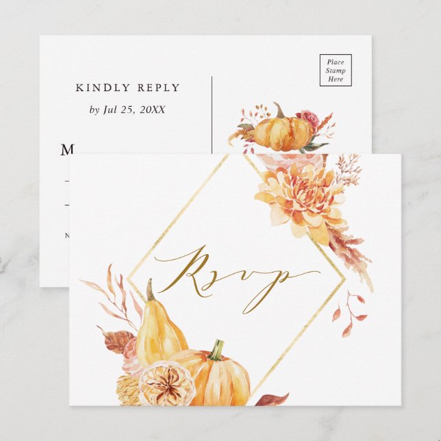 Rustic Fall Floral Pumpkin Wedding Gold RSVP  Postcard (Front/Back)