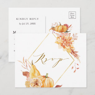 Rustic Fall Floral Pumpkin Wedding Gold RSVP  Postcard