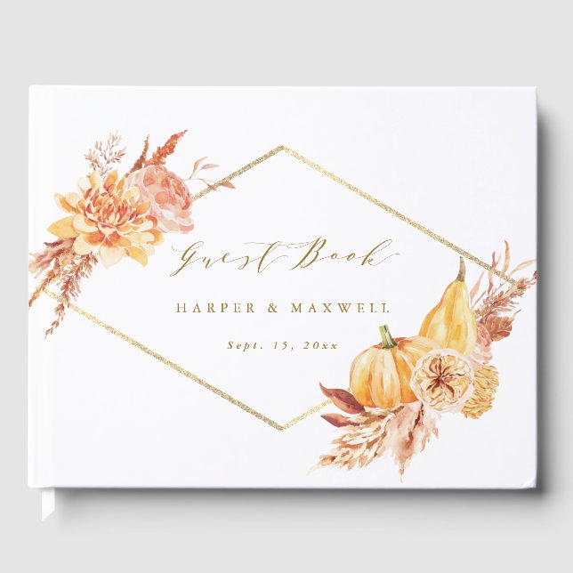 Rustic Fall Floral Pumpkin Wedding Gold Script  Guest Book (Front)