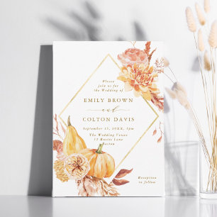 Rustic Fall Floral Pumpkin Wedding Gold Script Invitation