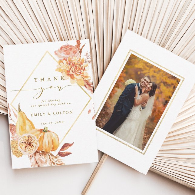 Rustic Fall Floral Pumpkin Wedding Photo Gold Thank You Card (Front & Back)