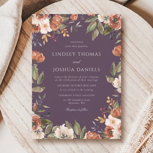 Rustic Fall Floral Purple Wedding Invitation (Creator Uploaded)