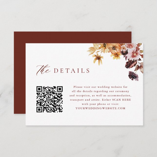 Rustic Fall Floral QR Code Wedding Details Enclosure Card (Front/Back)