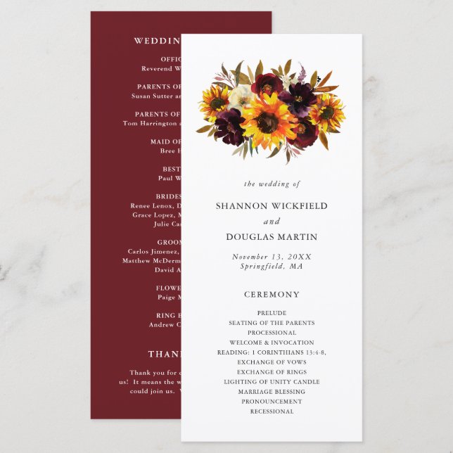 Rustic Fall Floral Sunflower Wedding Programme (Front/Back)