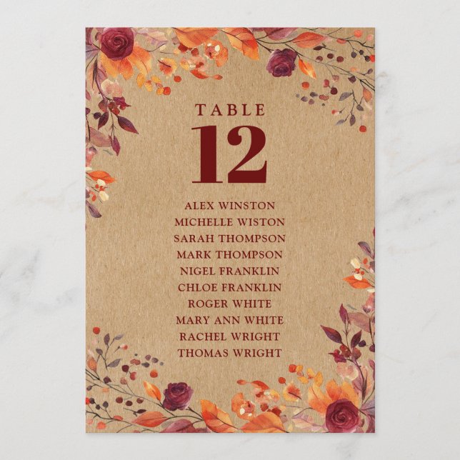 Rustic Fall Floral Table Number Seating Chart (Front)