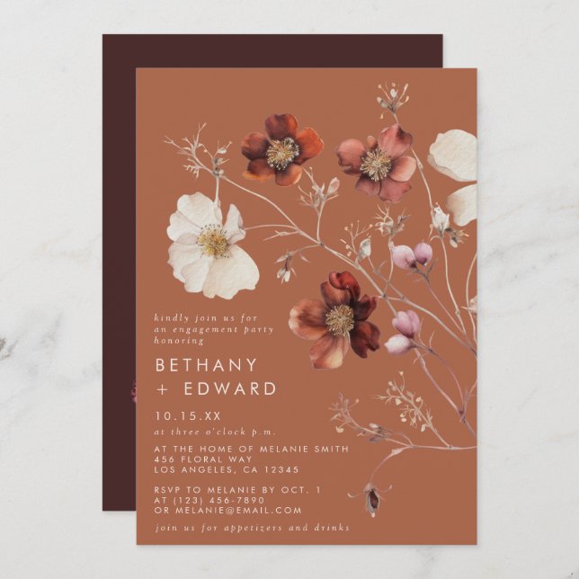 Rustic Fall Floral Terracotta Engagement Party Invitation (Front/Back)
