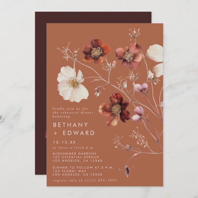 Rustic Fall Floral Terracotta Rehearsal Dinner Invitation (Front/Back)