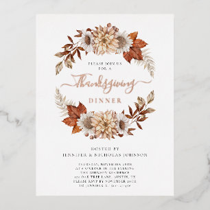 Rustic Fall Floral Thanksgiving Dinner Foil Invitation Postcard